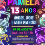 Convite digital de videogame com ícones neon para festa gamer