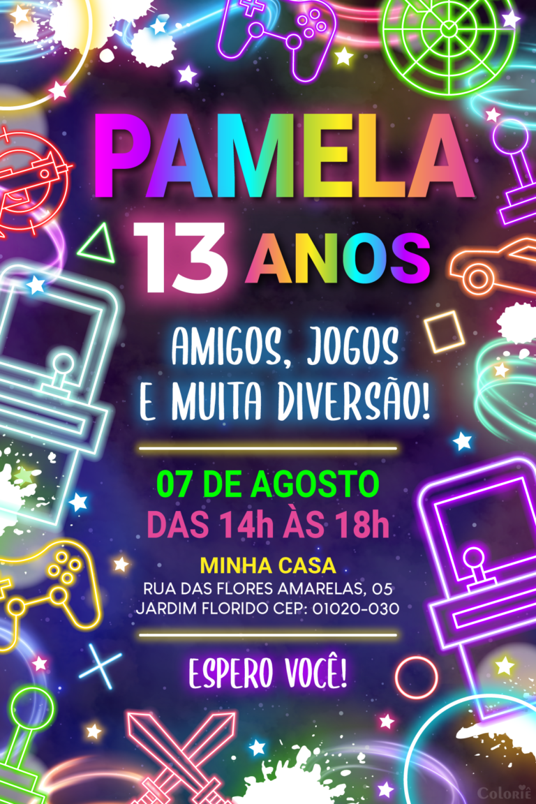 Convite digital de videogame com ícones neon para festa gamer