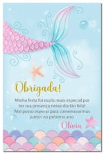 Cartão de agradecimento de sereia azul com escamas para festa de aniversário