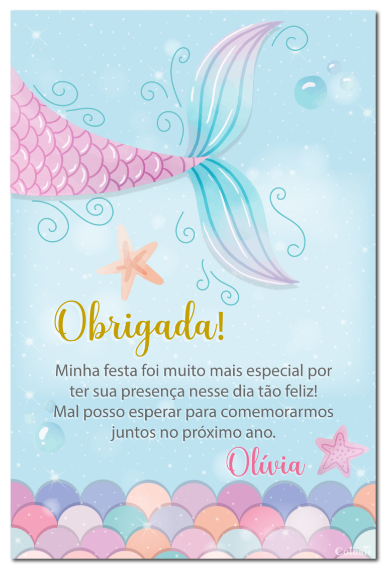 Cartão de agradecimento de sereia azul com escamas para festa de aniversário