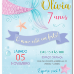 Convite digital de sereia azul com escamas para festa de aniversário