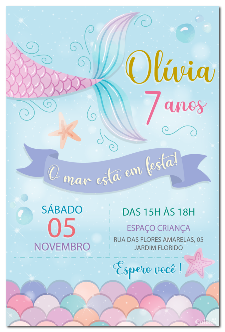 Convite digital de sereia azul com escamas para festa de aniversário